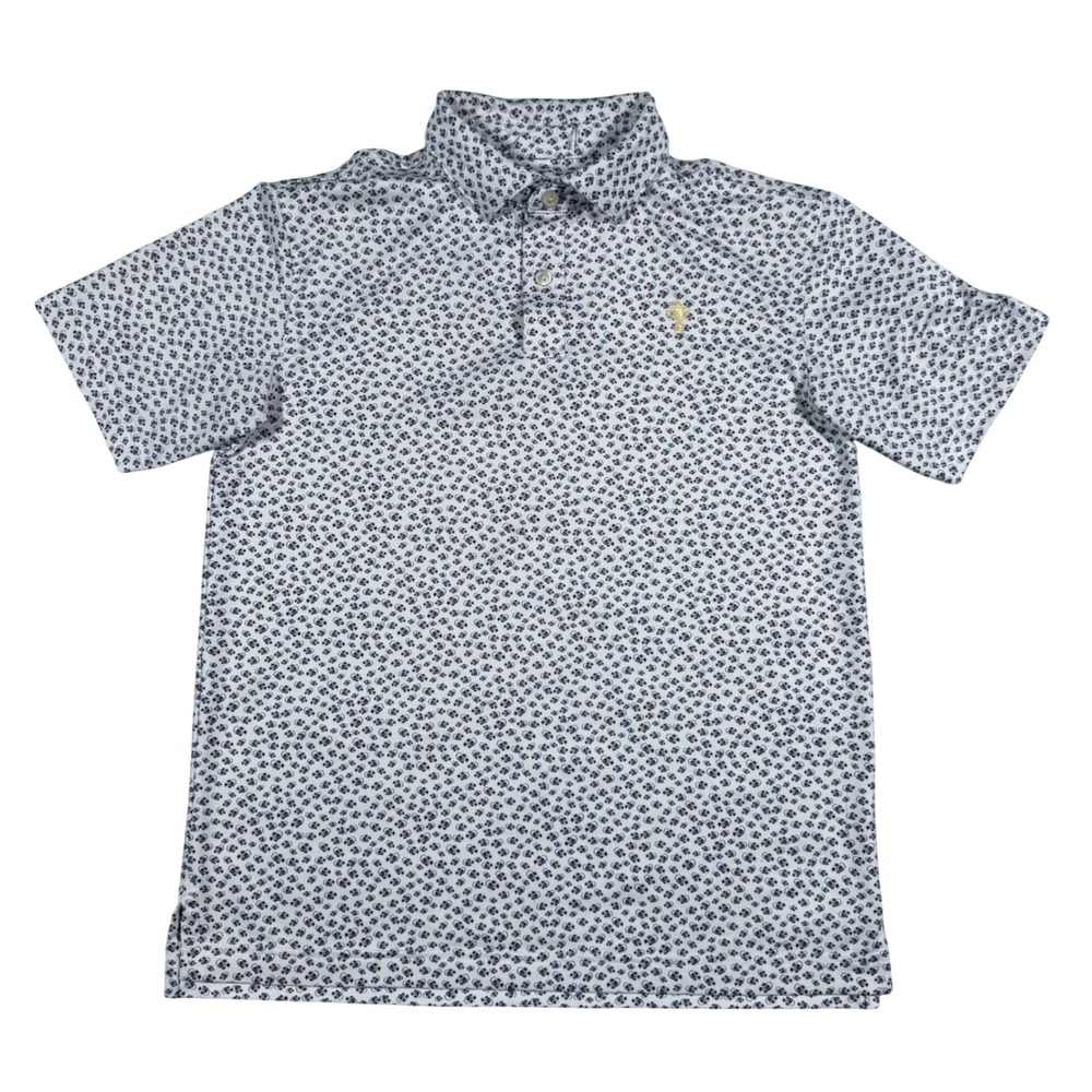 Peter Millar Polo Shirt Kids Youth Medium White Fish Print Golf Performance Logo